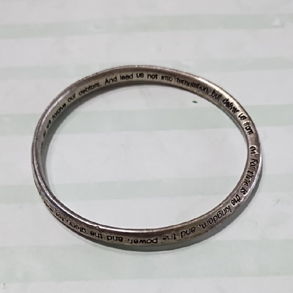 Silver Tone Metal Lord's Prayer Engraved Infinity Bangle Bracelet